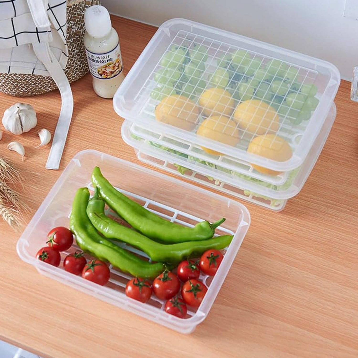 Plastic Food Storage Containers With Removable Drain Tray And Lid (3 Pcs Set) Plastic Food Storage Containers With Removable Drain Tray And Lid (3 Pcs Set)